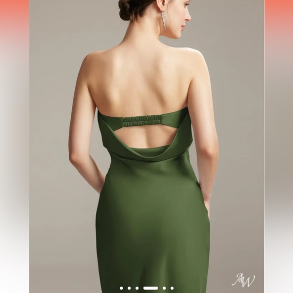 AW Fogbow Olive Green Strapless Satin Dress - Picture 3 of 6